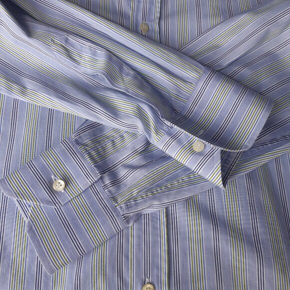 ETRO Milano SZ 39 Blue, Green & White Stripe Men's Cotton Button Up Shirt - Picture 5 of 12